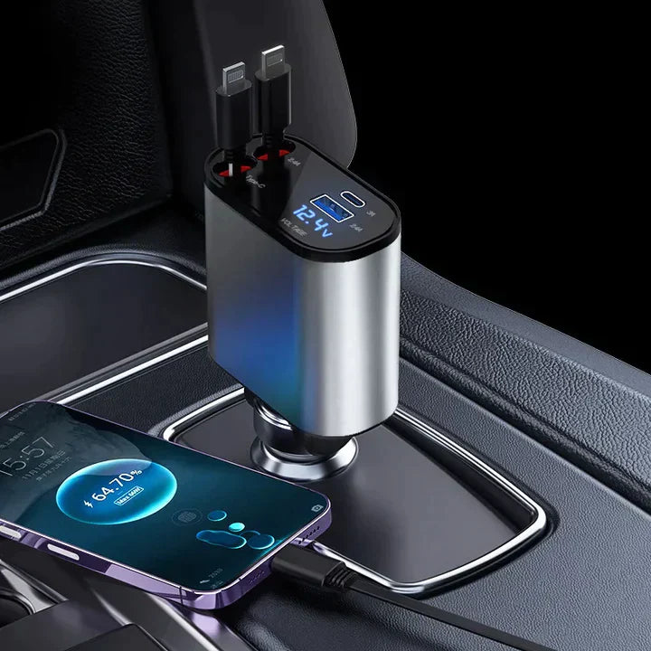 FAST-CHARGING RETRACTABLE CAR CHARGER (INCLUDES 2 CABELS)